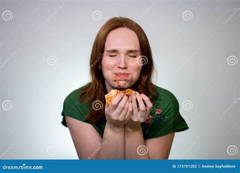 Woman with Food in Their Mouth Eating Pizza, Laugh Stock Photo - Image ...