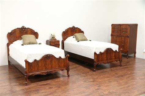 French Style Antique Bedroom Set, Twin Beds, Nightstand, Tall Chest