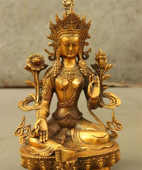 8" Bronze Gilt Green Tara Mahayana Buddhism Enlightenment Goddess ...
