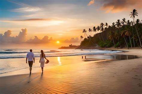 Premium Photo | Couple walking on the beach at sunset