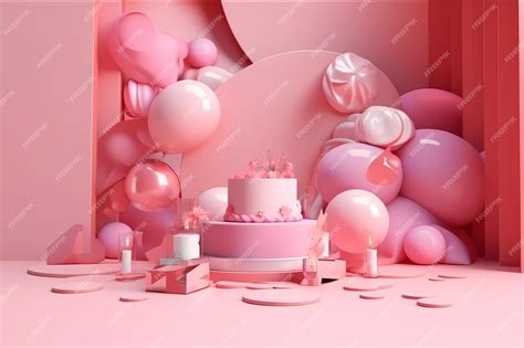 Premium Photo | A pink cake is in front of a pink wall with balloons.