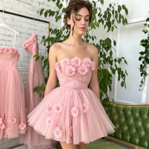 Strapless Pink Mini Dress 3D Flowers Women Clothing Applique Party ...