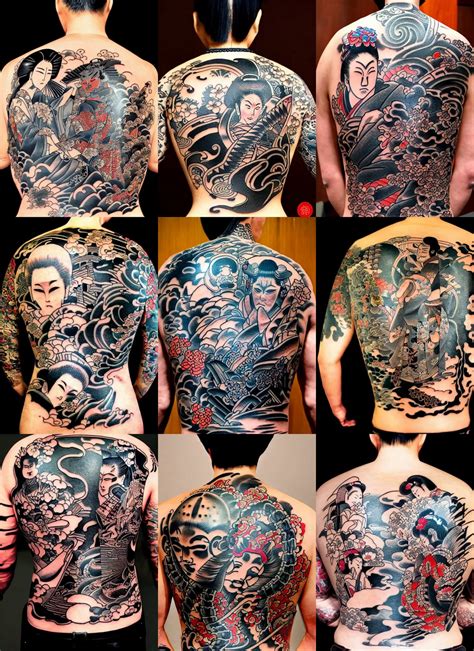 yakuza tattoos on a back with intricate designs with | Stable Diffusion