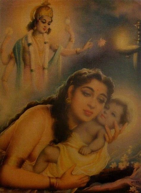 Devaki hugging the baby Krishna, fearing Kansa who had vowed to kill her eight child, while ...