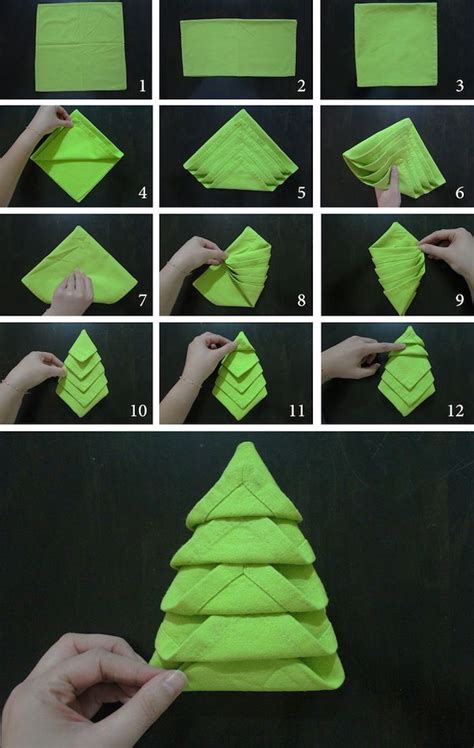 nappe de table en tissu vert, comment plier une serviette en forme de sapin, tutoriel avec ...