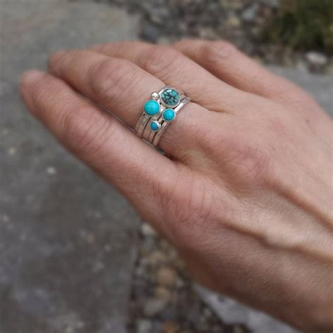 Turquoise Stacking Rings Hammered Silver Stacking Rings | Etsy