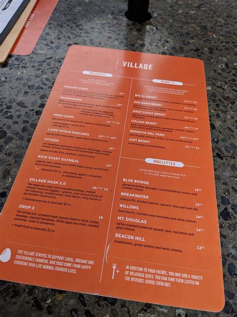 Menu at The Village restaurant, Victoria, Shelbourne St