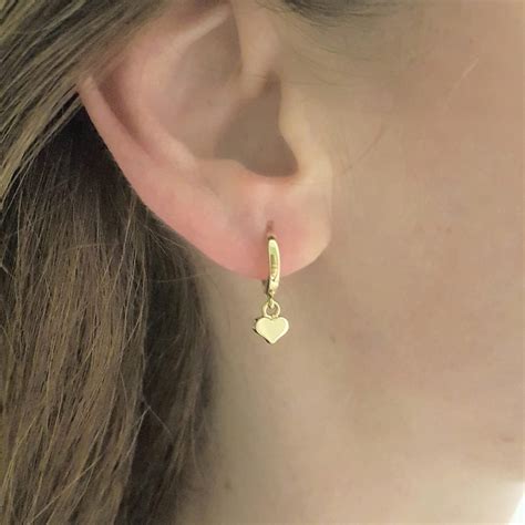 14K Real Solid Gold Heart Dangle Drop Hoop Earrings for Women