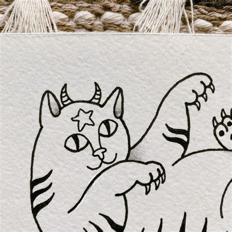 Devil Cat A6 Illustration Fine Liner Pen Drawing Cute Fat | Etsy