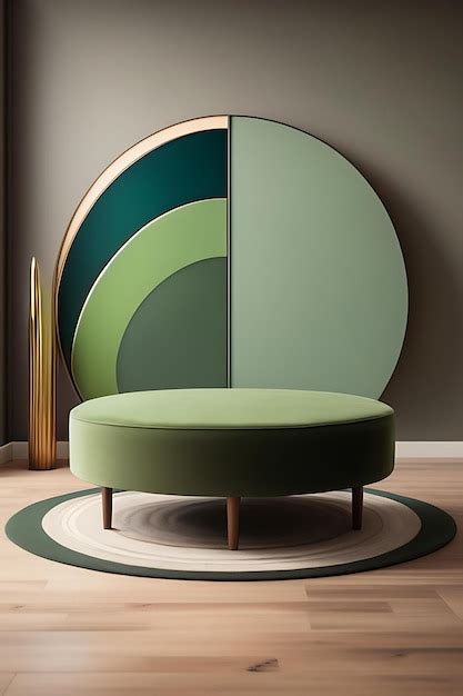Premium AI Image | Round wooden coffee table podium black steel leg sage green suede leather ...
