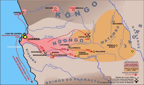 Território ocupado pelos portugueses (rosa) e o reino de Nzinga (amarelo). Angola, Reino Do ...