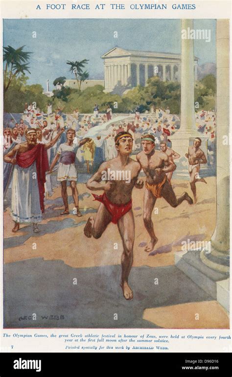 Ancient Olympic Games held in the honour of Zeus. Runners competing in ...