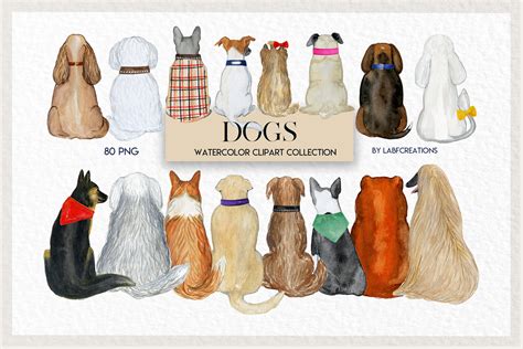 Dogs watercolor clip art, accessories for dogs, backs of dog (432358) | Illustrations | Design ...