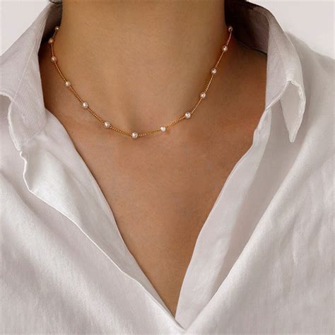 Small Pearl & Gold or Silver Chain Choker Necklace Lady - Etsy Australia