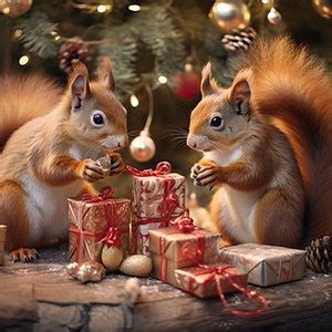 Two Christmas Squirrels Opening Presents 5 X7 Greeting Card ...