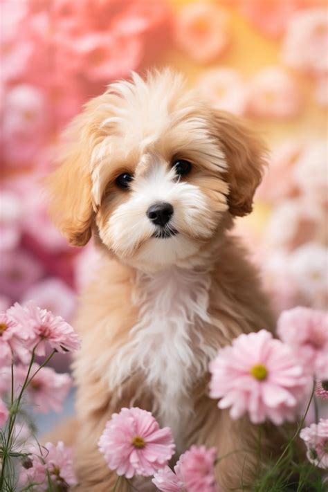 a wallpaper of a super cute puppy dog in pink flowers background. Yorkie, Dogs, Illustrators ...