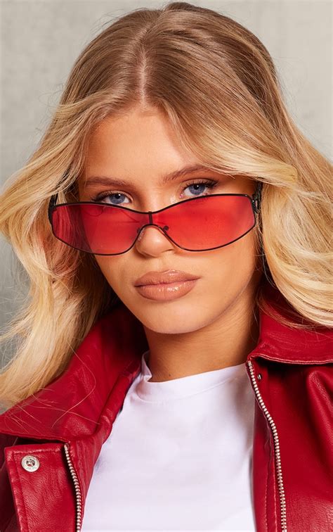 Black Diamante Heart Red Lens Visor Sunglasses | PrettyLittleThing IRE