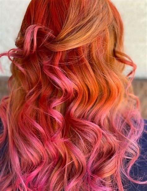 Orange and pink ombre | Purple hair highlights, Pink blonde hair ...