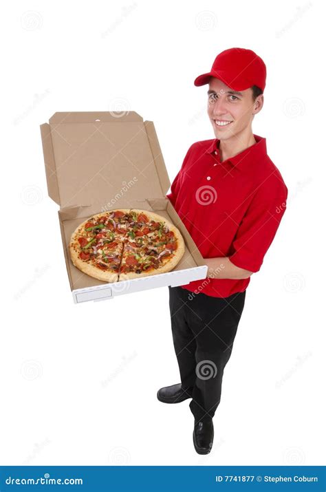 Pizza Delivery Girl Carrying Pizza Boxes Using The Intercom At Door ...