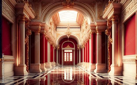 Illustrazione Stock A realistic fantasy interior of the royal palace. golden red palace. castle ...