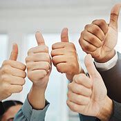 Thumbs up, success closeup and group of people winning, support or ...