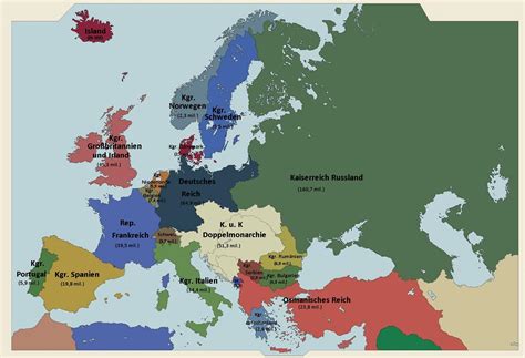 Map of Europe 1910 with population of countries listed : r/europe