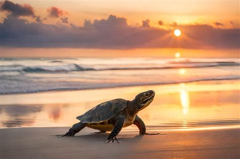 Premium Photo | A turtle on the beach at sunset