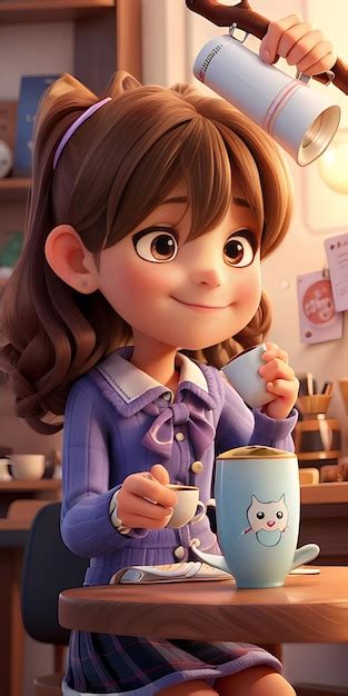 Premium AI Image | a girl with a cup of coffee and a cartoon character on the face AI Generated