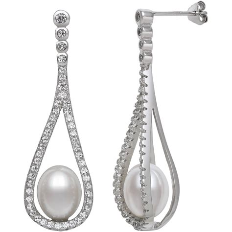 Sterling Silver and Cz Caged Culture Freshwater Pearl Drop Earrings ...