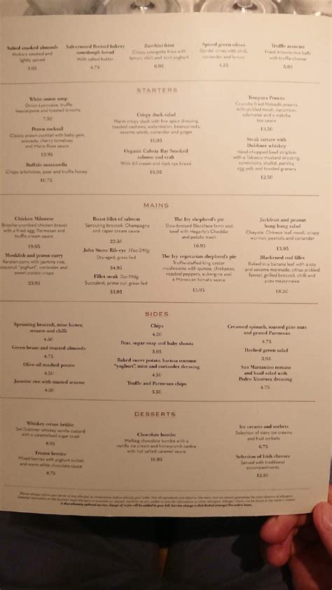 Menu at The Ivy Dublin restaurant, Dublin