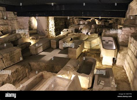 Sarcophagus in the archeological crypt of basilica of Saint Denis ...