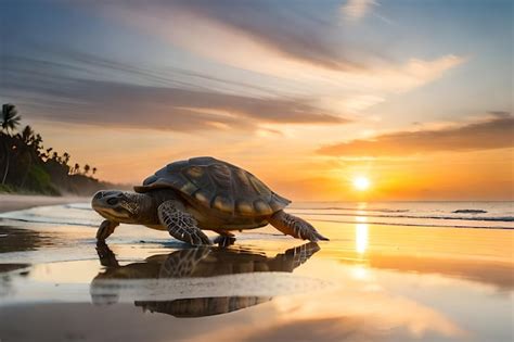 Premium Photo | A turtle on the beach at sunset