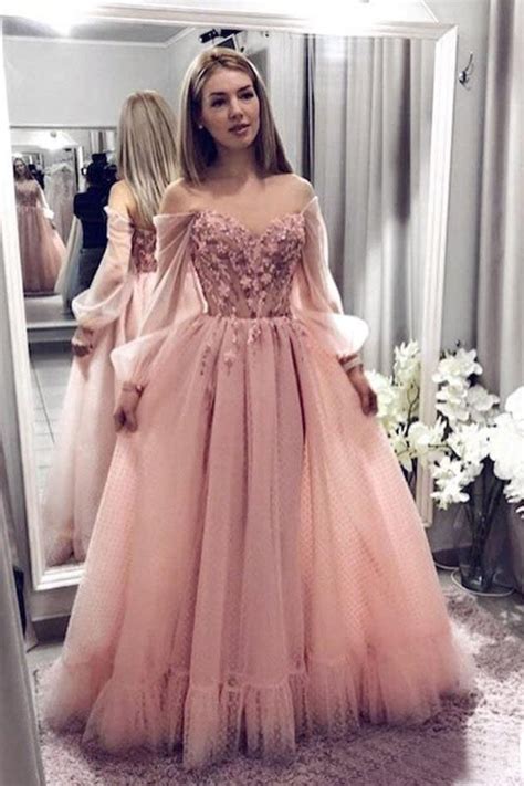 Princess Ball Gown Blush Pink Lace Prom Dresses With Long Sleeves OKK55 ...