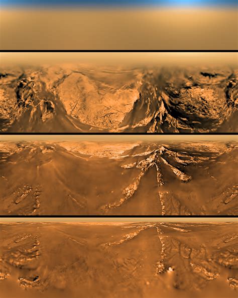 These images of Saturn's moon Titan were taken on Jan. 14, 2005 by the Huygens probe at four ...