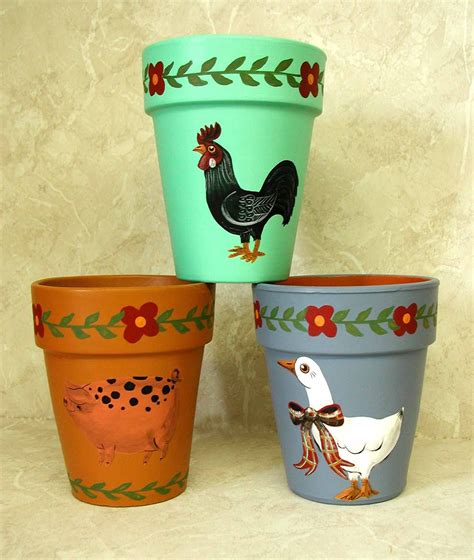 clay pots,yard and garden,handpainted, lee wismer,decorative painting ...