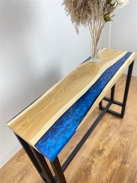 Epoxy Resin Console Table, Blue Console Table in Stock, Wood Oak Console Table Modern, Narrow ...
