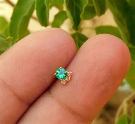 ROUND CUT REAL Emerald Diamond Nose Screw Ring Stud Piercing Pin 14K Yellow Gold $94.61 - PicClick