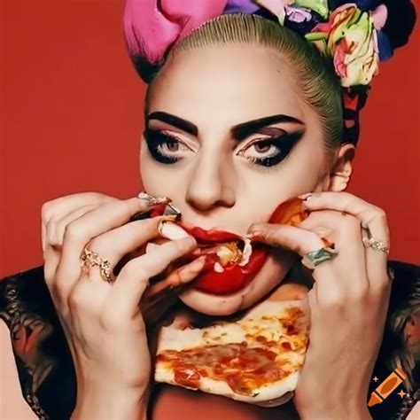 Lady gaga with unique eyebrows eating pizza on Craiyon