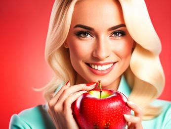 Healthy Snacking: A Woman Enjoying A Red Apple On A White Background. Image & Design ID ...