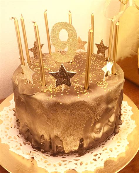 Golden Birthday cake - triple layer chocolate cake with chocolate ganache filling and topping ...