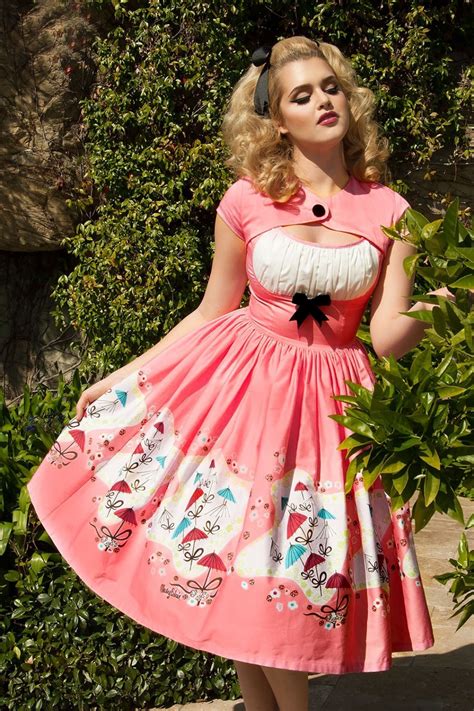 50s Evelyn Dress in Bright Pink with Umbrella Print