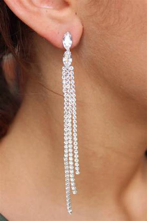 Rhinestone Long Chandelier Drop Earrings-Silver | Drop earrings, Silver drop earrings, Earrings