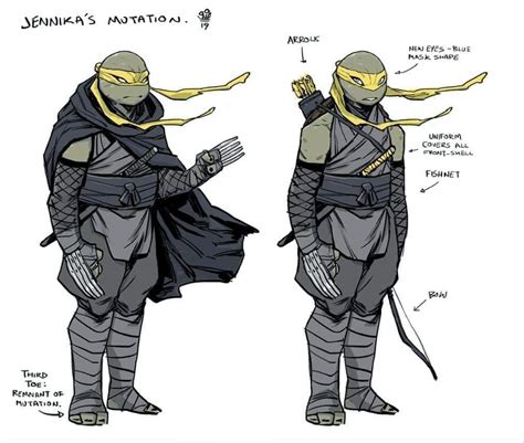 the concept art for teenage mutant's costume is shown in two different poses, one with