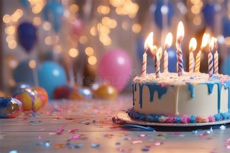 Beautiful Birthday Cake with Burning Candles and Decor on Wooden Table. Stock Photo - Image of ...