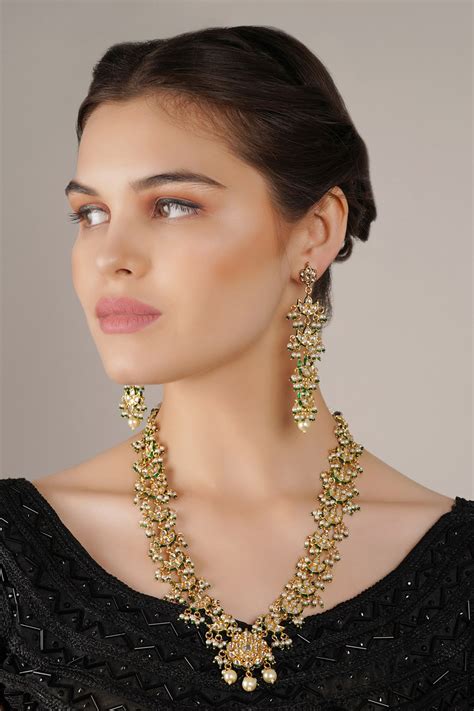 Buy White Kundan Pearl And Embellished Long Necklace Set by Chhavi's Jewels Online at Aza Fashions.
