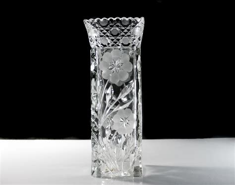 Egginton EAPG Vase, Square, Antique Crystal, Flowers and Leaves, Wheel Cut, Cut Glass, Clear Glass
