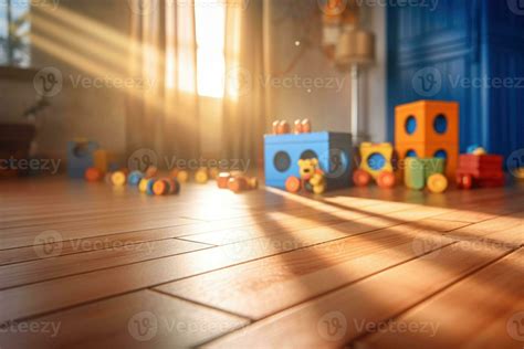 Children's room interior with toys on the wooden floor. Playroom with plastic colorful toys ...