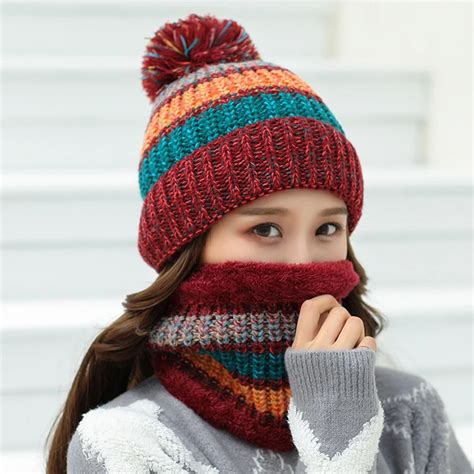 HT2083 Winter Hat Scarf Set Thick Warm Knitted Hats and Scarf Big Pompon Ball Beanies Ladies Ski ...