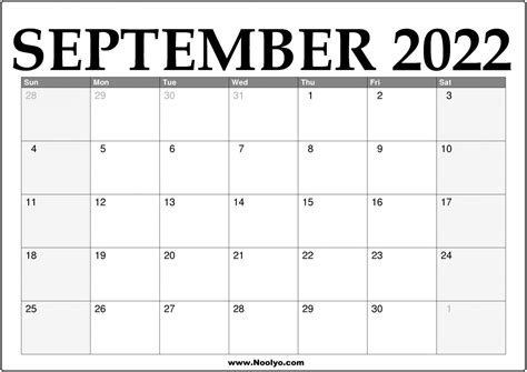 2022 September Calendar Printable – Download Free - Noolyo.com