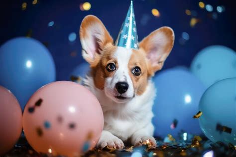 Premium AI Image | Cheerful welsh corgi puppy with blue balloons on birthday party Holiday and ...